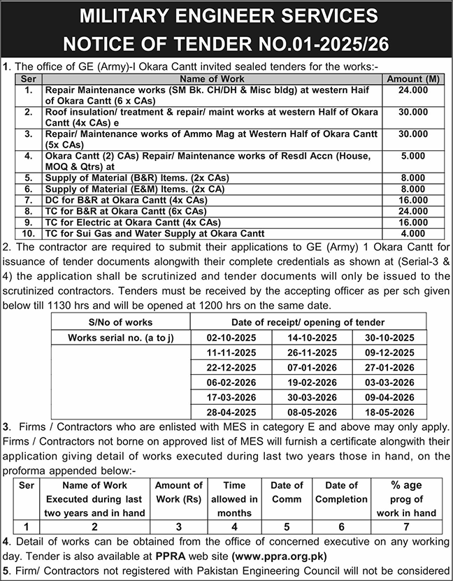 Military Engineer Services Tender Notice